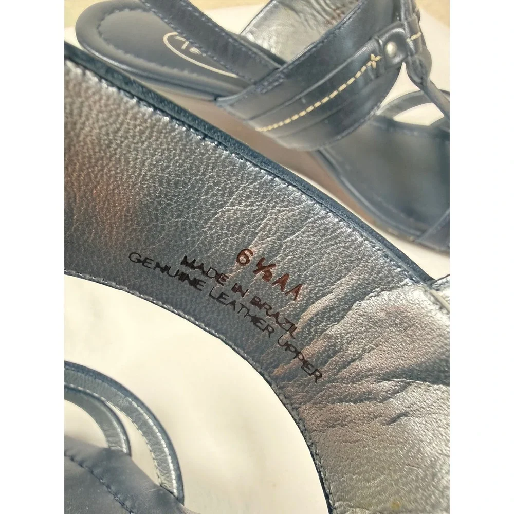 Talbots‎ Navy Blue Leather Wedge Sandals Strappy Slingback Brazil Womens 6.5 AA